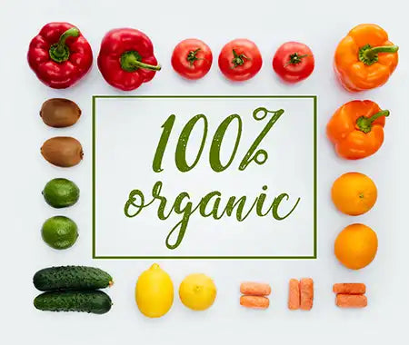 Obst und Gemüse und organic Schriftzug